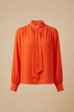 بلوز زنانه نارنجی با یقه کراواتی بلند و آستین‌های مچ‌دار نوادو کد 404112371870