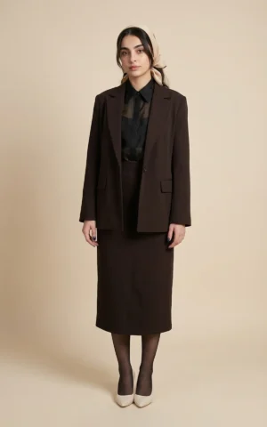 کت زنانه قهوه‌ای کمردار با یقه انگلیسی بلند نوادو کد 404113141816 - Image 3