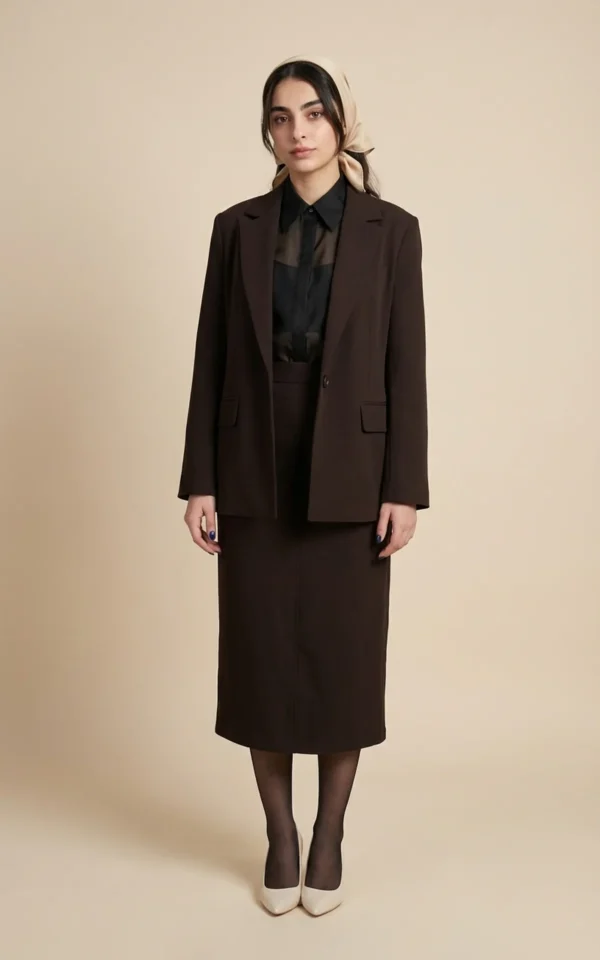 کت زنانه قهوه‌ای کمردار با یقه انگلیسی بلند نوادو کد 404113141816 - Image 3