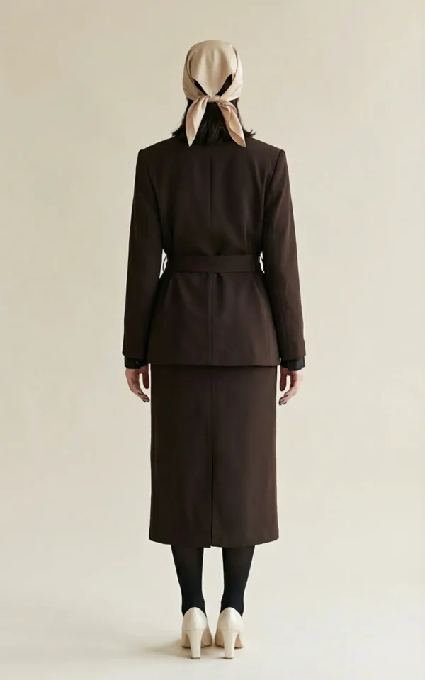 کت زنانه قهوه‌ای کمردار با یقه انگلیسی بلند نوادو کد 404113141816 - Image 4