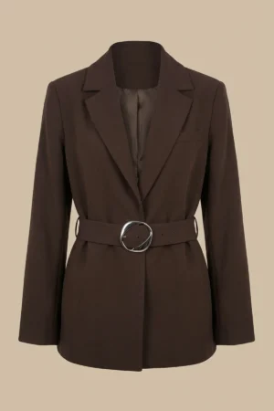 کت زنانه قهوه‌ای کمردار با یقه انگلیسی بلند نوادو کد 404113141816