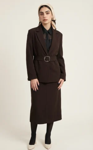 کت زنانه قهوه‌ای کمردار با یقه انگلیسی بلند نوادو کد 404113141816 - Image 2