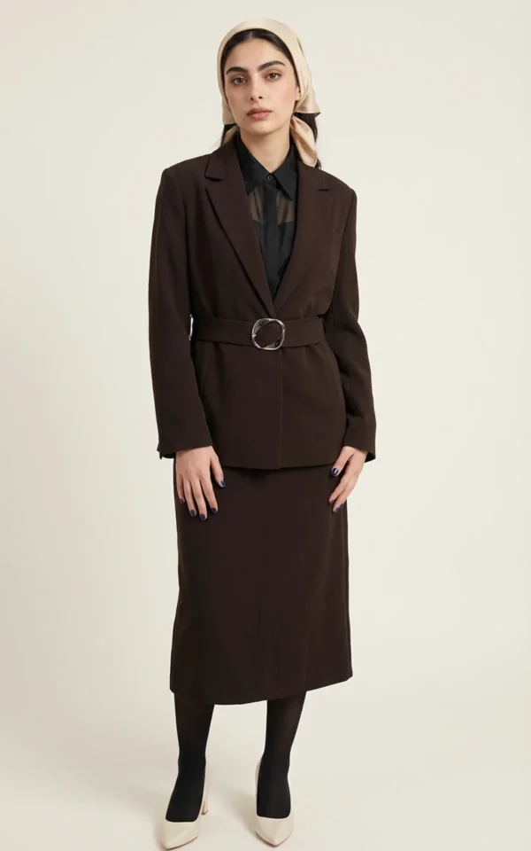 کت زنانه قهوه‌ای کمردار با یقه انگلیسی بلند نوادو کد 404113141816 - Image 2