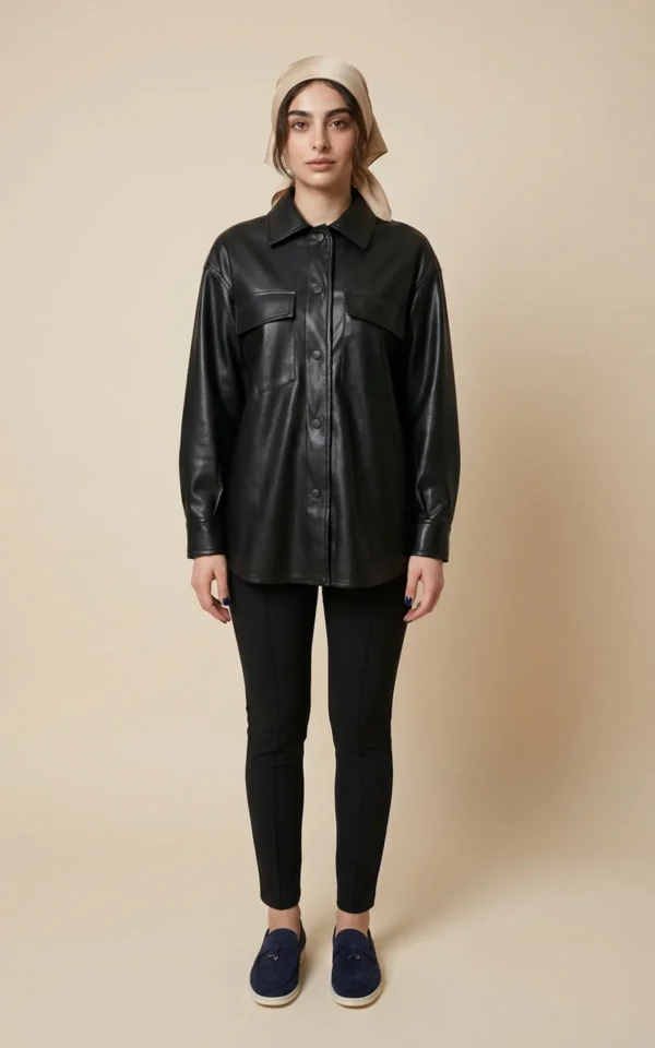 پیراهن زنانه چرمی مشکی دکمه‌دار با دو جیب نوادو کد 404113161591 - Image 3