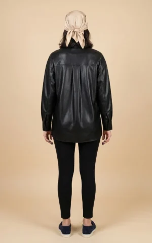 پیراهن زنانه چرمی مشکی دکمه‌دار با دو جیب نوادو کد 404113161591 - Image 4