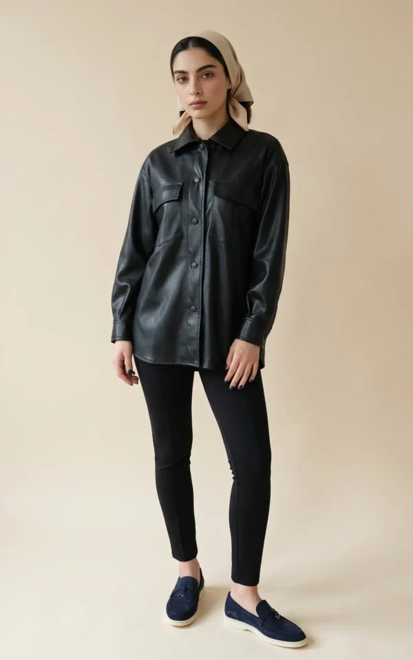 پیراهن زنانه چرمی مشکی دکمه‌دار با دو جیب نوادو کد 404113161591 - Image 2