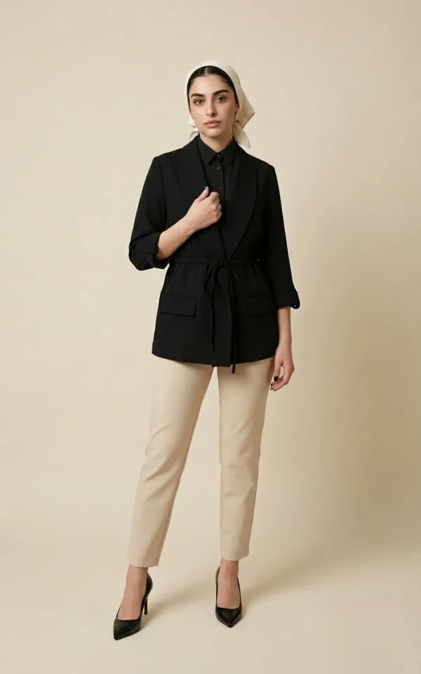 کت زنانه مشکی جلوباز با یقه انگلیسی نوادو کد 404113221701 - Image 2