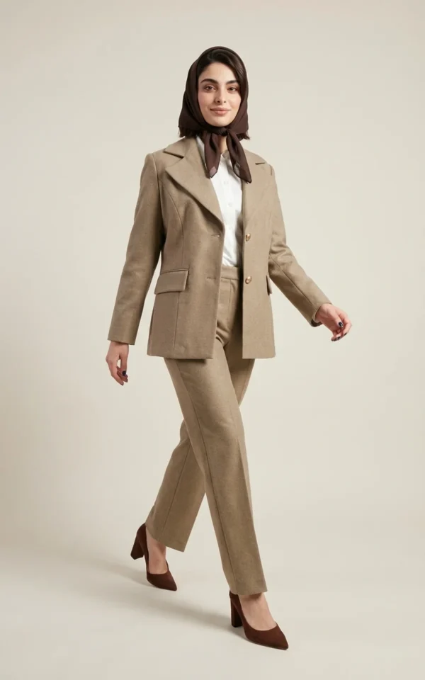 کت زنانه بژ دکمه‌دار با یقه انگلیسی نوادو کد 404113241842 - Image 2