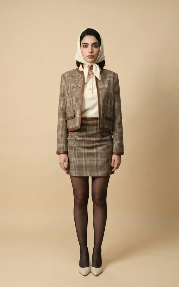 ژاکت زنانه چهارخانه قهوه‌ای یقه گرد با لبه‌دوزی نوادو کد 404113251656 - Image 3