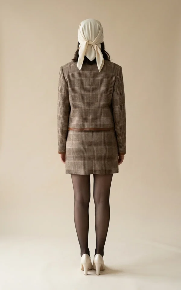 ژاکت زنانه چهارخانه قهوه‌ای یقه گرد با لبه‌دوزی نوادو کد 404113251656 - Image 4