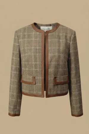 ژاکت زنانه چهارخانه قهوه‌ای یقه گرد با لبه‌دوزی نوادو کد 404113251656