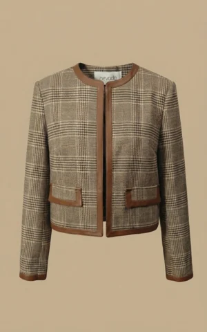 ژاکت زنانه چهارخانه قهوه‌ای یقه گرد با لبه‌دوزی نوادو کد 404113251656