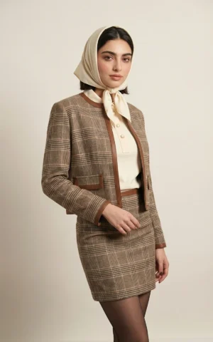 ژاکت زنانه چهارخانه قهوه‌ای یقه گرد با لبه‌دوزی نوادو کد 404113251656 - Image 2