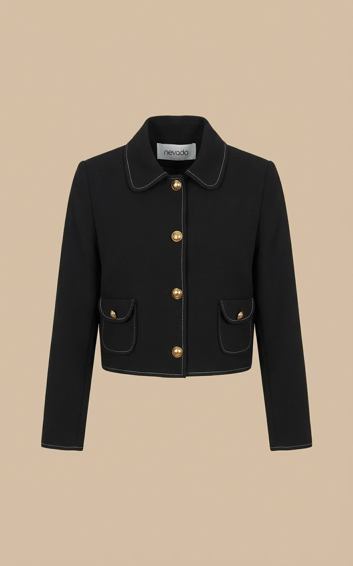 W-404113261844-3 کت زنانه کوتاه مشکی با دکمههای طلایی نوادو کد 404113261844 - Image 1