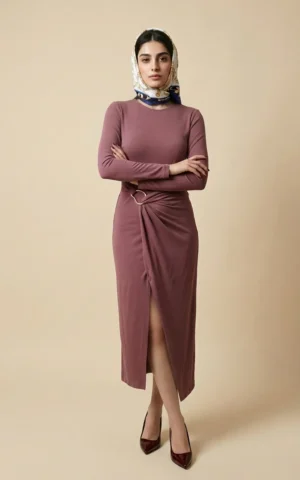 پیراهن زنانه کالباسی بلند با دراپه و سگک کمر نوادو کد 404114191800 - Image 2