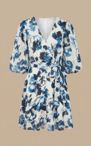 پیراهن زنانه آبی سفید طرح‌گل آستین سه ربع شیک برند نوادو پاییز-زمستانه