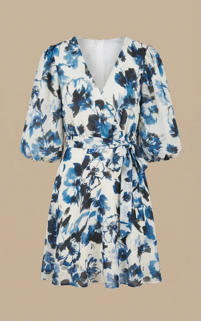 پیراهن زنانه آبی سفید طرح‌گل آستین سه ربع شیک برند نوادو پاییز-زمستانه