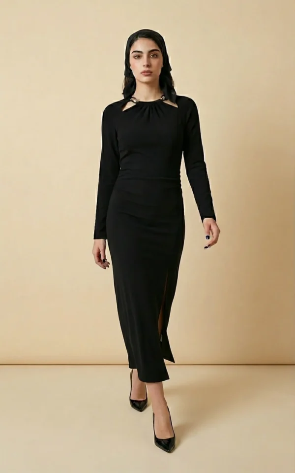 پیراهن زنانه مشکی بلند با یقه گرد نوادو کد 404114221722 - Image 2