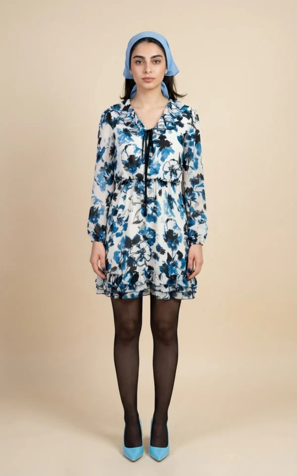 پیراهن زنانه گلی با یقه کلوش و بند گره‌ای نوادو کد 404114231814 - Image 3