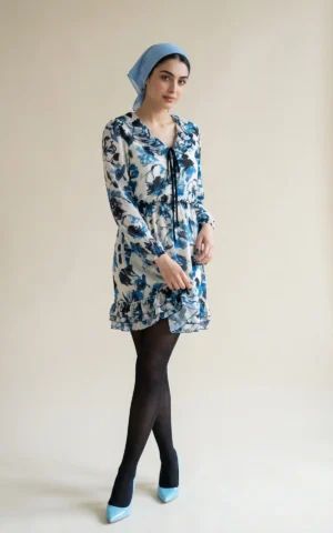 پیراهن زنانه گلی با یقه کلوش و بند گره‌ای نوادو کد 404114231814 - Image 2