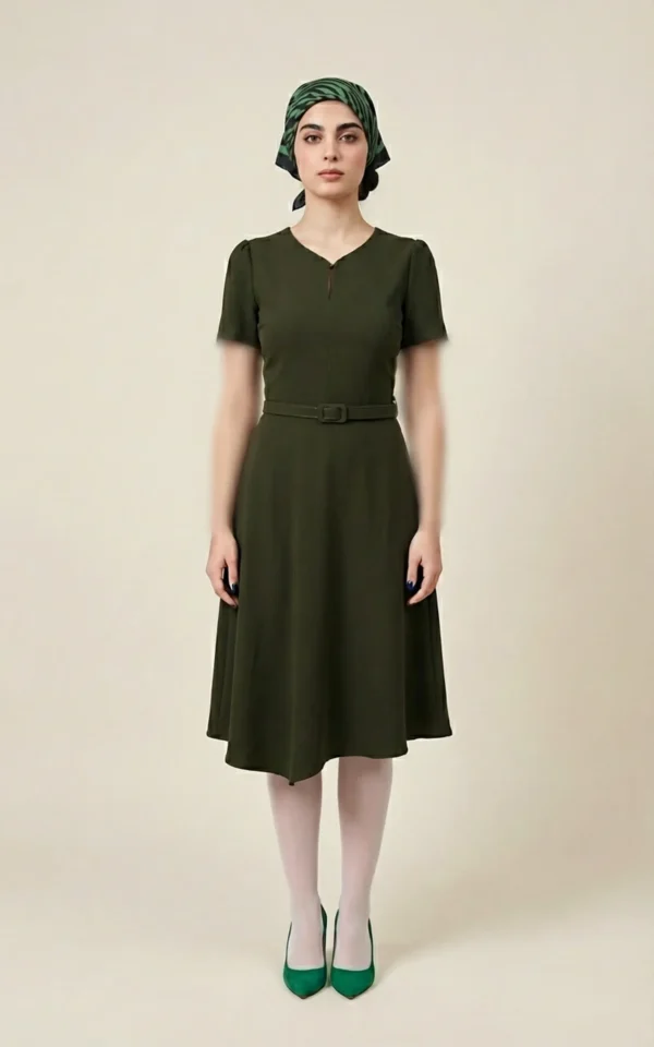 پیراهن زنانه زیتونی با آستین‌های کوتاه نوادو کد 404114241803 - Image 2