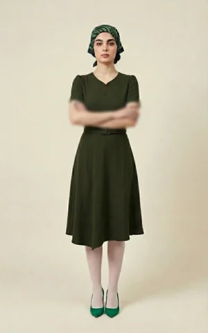 پیراهن زنانه زیتونی با آستین‌های کوتاه نوادو کد 404114241803 - Image 3