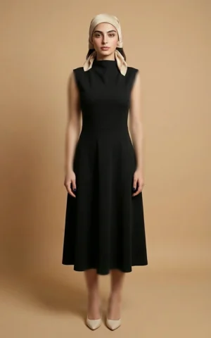 پیراهن زنانه مشکی یقه ایستاده با دامن کلوش نوادو کد 404114361696 - Image 3