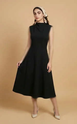 پیراهن زنانه مشکی یقه ایستاده با دامن کلوش نوادو کد 404114361696 - Image 2