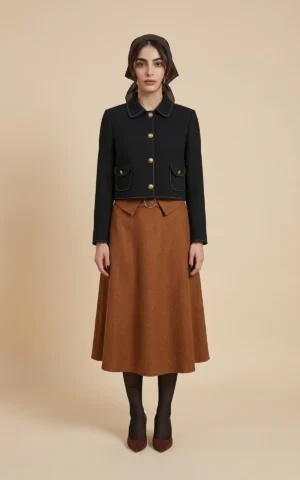 دامن زنانه قهوه‌ای پاییز-زمستانه مدل میدی برند نوادو