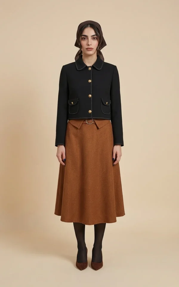 دامن زنانه قهوه‌ای پاییز-زمستانه مدل میدی برند نوادو