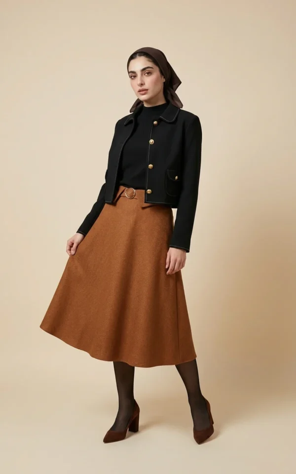 دامن زنانه قهوه‌ای پاییز-زمستانه مدل میدی برند نوادو