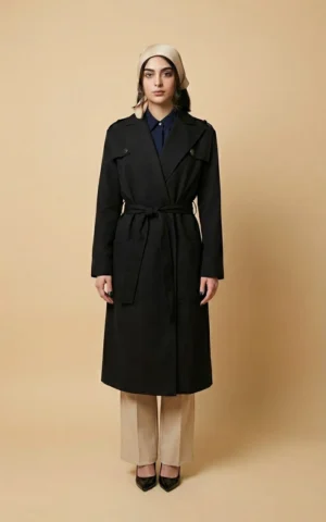 بارانی زنانه مشکی بلند کمردار با یقه انگلیسی نوادو کد 404132011765 - Image 3