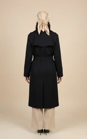 بارانی زنانه مشکی بلند کمردار با یقه انگلیسی نوادو کد 404132011765 - Image 4