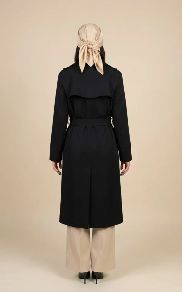 بارانی زنانه مشکی بلند کمردار با یقه انگلیسی نوادو کد 404132011765 - Image 4