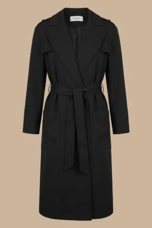 بارانی زنانه مشکی بلند کمردار با یقه انگلیسی نوادو کد 404132011765