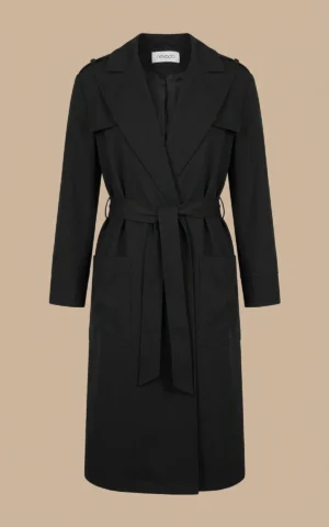 بارانی زنانه مشکی بلند کمردار با یقه انگلیسی نوادو کد 404132011765