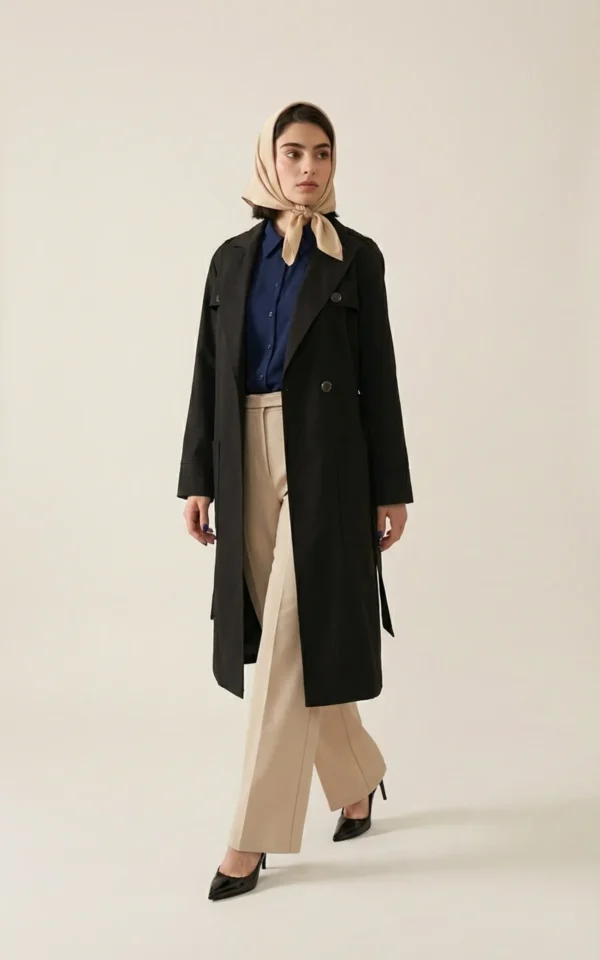 بارانی زنانه مشکی بلند کمردار با یقه انگلیسی نوادو کد 404132011765 - Image 2