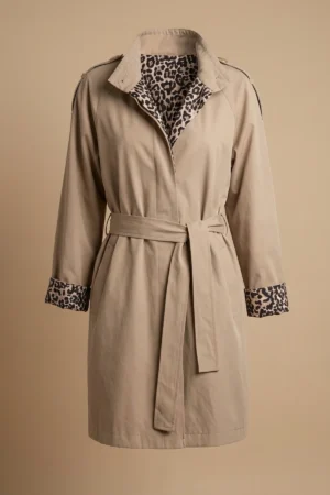 بارانی زنانه کرم با آستر و تزیینات پلنگی نوادو کد 404132071716