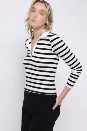 بلوز راه‌راه سیاه‌وسفید با یقه پولو برند کلینز کد CL1075895
