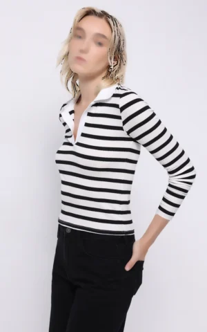 بلوز راه‌راه سیاه‌وسفید با یقه پولو برند کلینز کد CL1075895