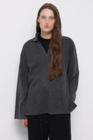 پلیور بافت زنانه زغالی با یقه پولو برند کلینز کد CL1076712