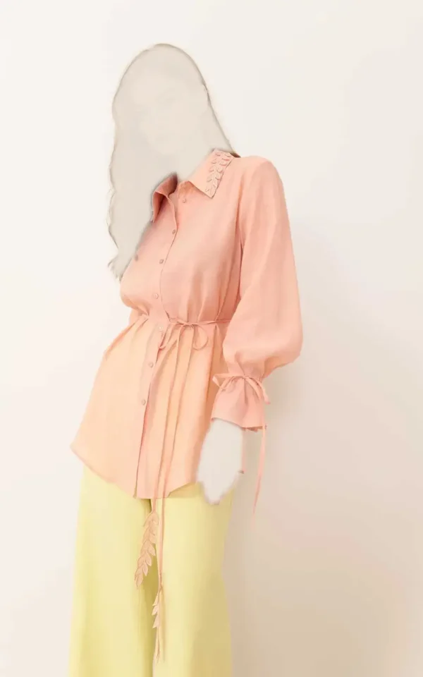 نمای پهلو شومیز زنانه گلبهی رنگ یقه دار آستین بلند دارای بند در آستین ها و کمر و طرح گندم