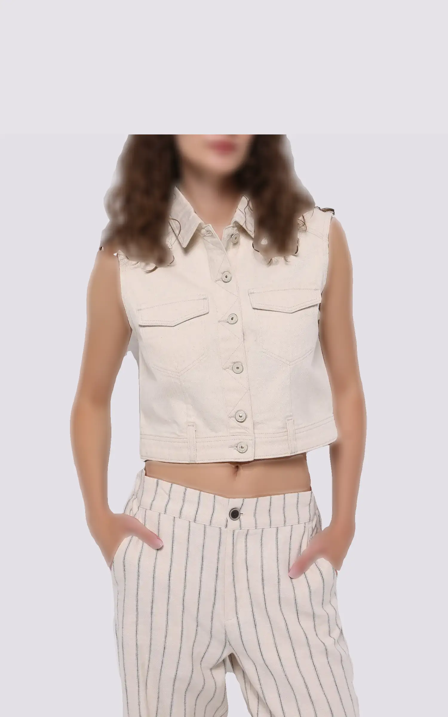 ai-b-CL1074970-1 شومیز زنانه کوتاه بی آستین Colin’s دوجیب رنگ کرم