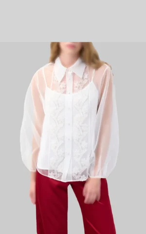 شومیز زنانه توری سوزن دوزی شده ROMAN آستین پفی سفید