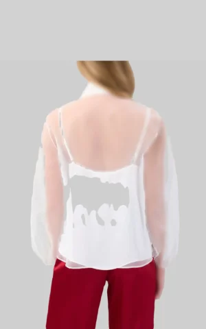 نمای پشت شومیز زنانه توری سوزن دوزی شده ROMAN آستین پفی سفید