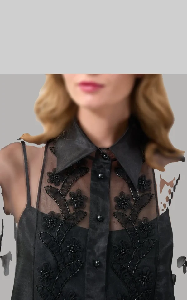 نمای یقه شومیز زنانه توری سوزن دوزی شده ROMAN آستین پفی مشکی