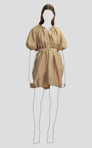 پیراهن بژ زنانه آستین کوتاه بادکنکی مدل ساعت شنی ایپکیول