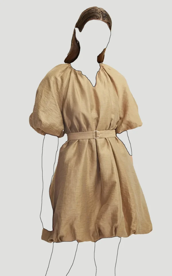 پیراهن بژ زنانه آستین کوتاه بادکنکی مدل ساعت شنی ایپکیول