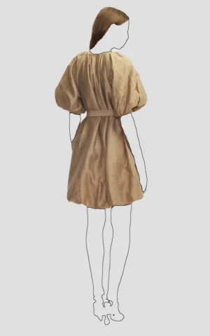 پیراهن بژ زنانه آستین کوتاه بادکنکی مدل ساعت شنی ایپکیول