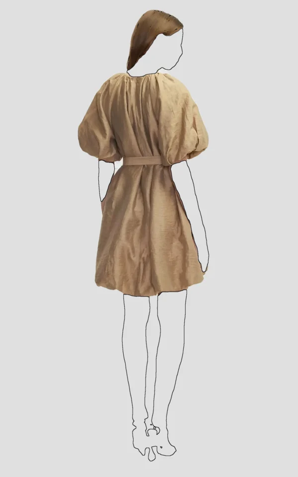 پیراهن بژ زنانه آستین کوتاه بادکنکی مدل ساعت شنی ایپکیول